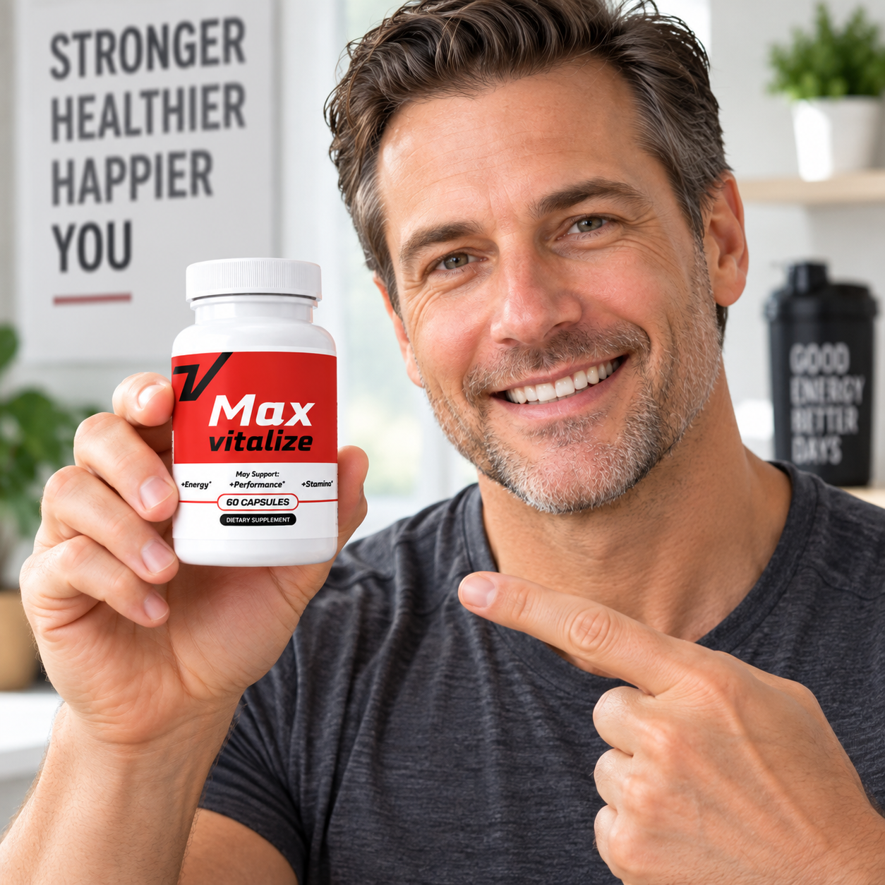 Adult man holding a MaxVitalize supplement bottle in a wellness setting
