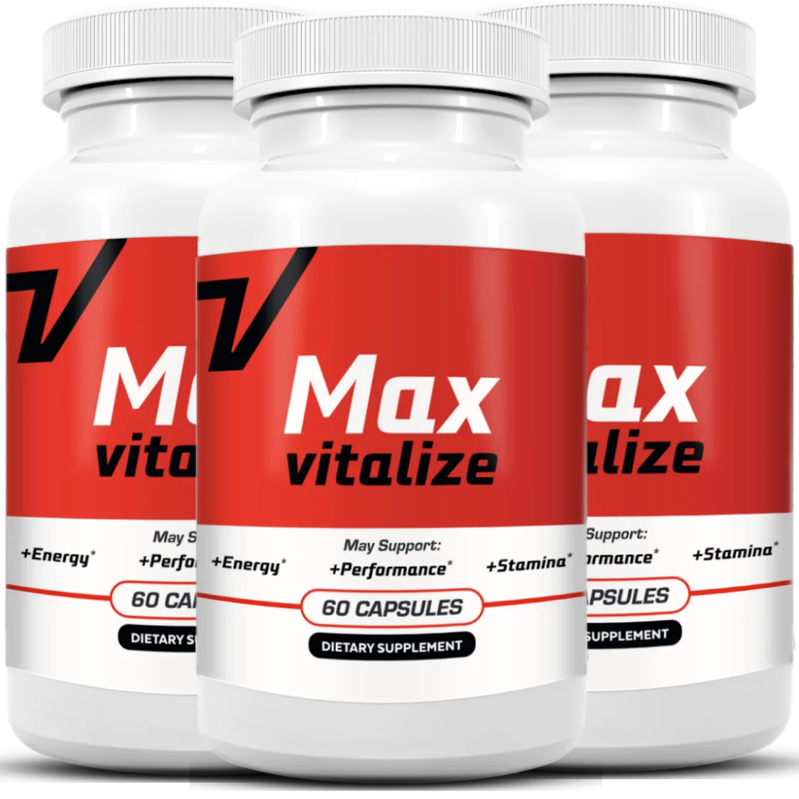 Three MaxVitalize dietary supplement bottles showing the red and white label design